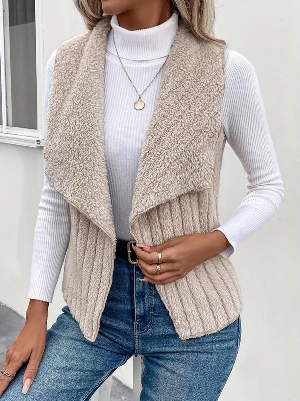 Women's Solid Color Waterfall Collar Plush Vest Coat, Casual Sleeveless Open Front Outerwear for Daily Wear, Ladies Clothes for Fall & Winter