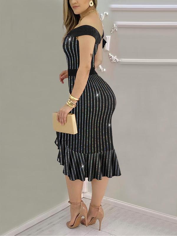 Women's Rhinestone Decor Off Shoulder Ruffle Bodycon Dress, Elegant Cap Sleeve Midi Dress for Evening Party Gown, Ladies' Clothes for Spring & Fall