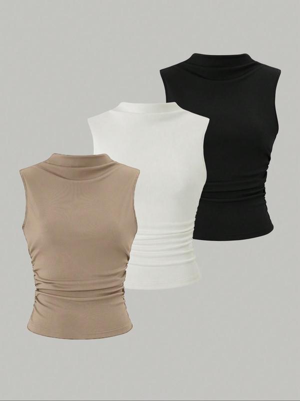 Womenswear Solid Color Mock Neck Ruched Tank Top, Comfort Basic Sleeveless Top for Daily Outdoor Wear, Minimalist Back To School Top, Summer Outfits, Y2k Clothes,  Downtown Girl Clothes