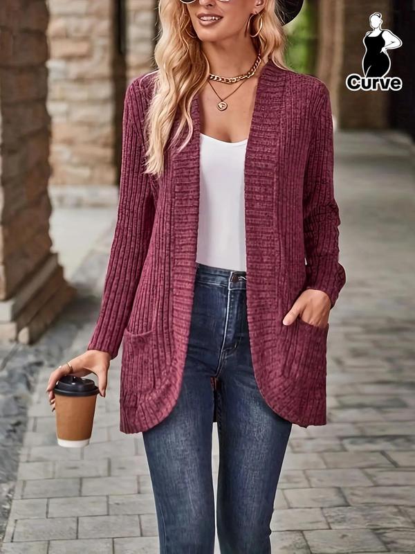 Solid Pocket Open Front Cardigan, Cardigan for Women, Casual Long Sleeve Ribbed Cardigan for Fall & Winter, Women's Plus Clothing for Daily Wear