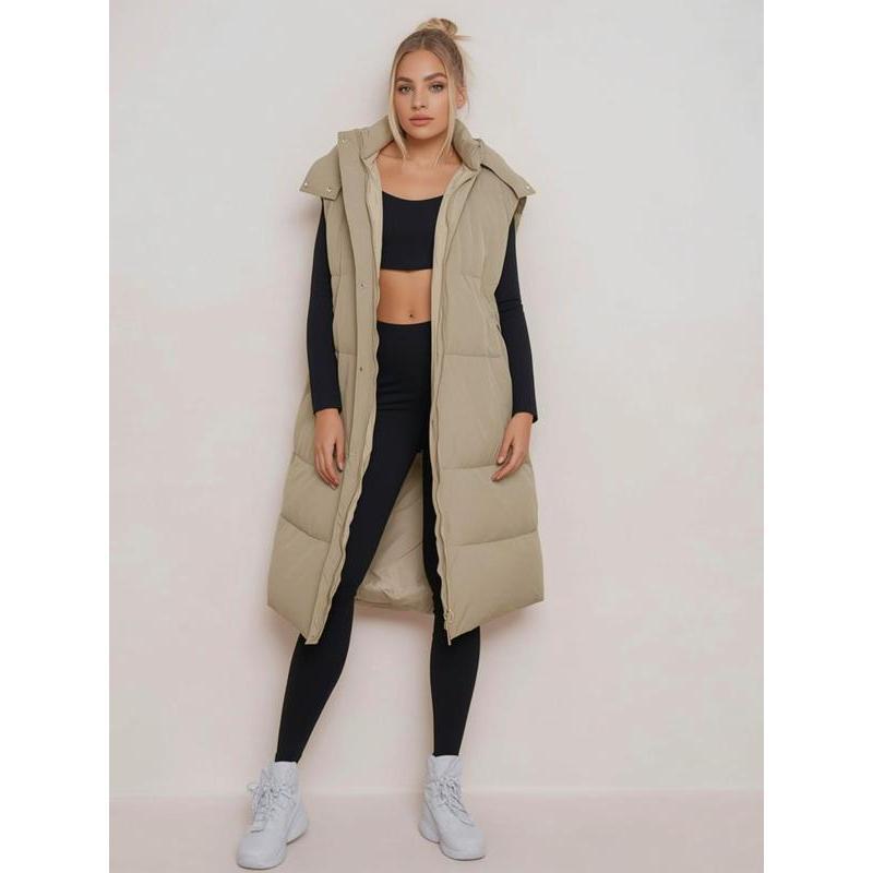 Womenswear Solid Button Front Hooded Winter Vest Coat, Comfort Pocket Design Longline Waistcoat for Fall & Winter, Minimalist Clothing for Daily Wear, Going Out Outfits