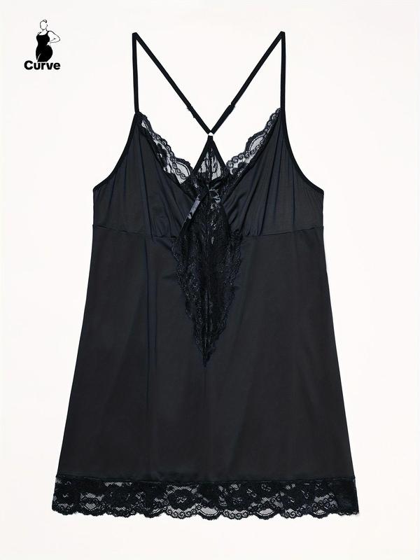 @ShopwithJulie Collection Women's Contrast Lace Criss Cross Cami Nightdress, Elegant Bow Decor Sheer Nightgown, Plus Size Homewear for Indoor, Women's Summer Wear 2024