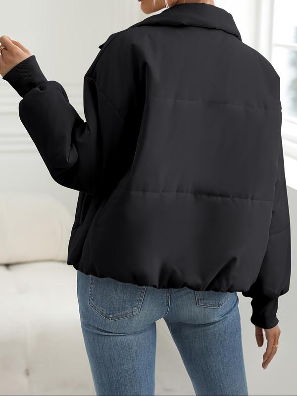 Women's Plain Funnel Neck Zip Up Thicken Warm Puffer Coat, Casual Trendy Long Sleeve Coat for Daily Outdoor Streetwear 2024 Trendy Women Winter Outfits Clothing Winter Clothes Women, Fall Clothes 2024