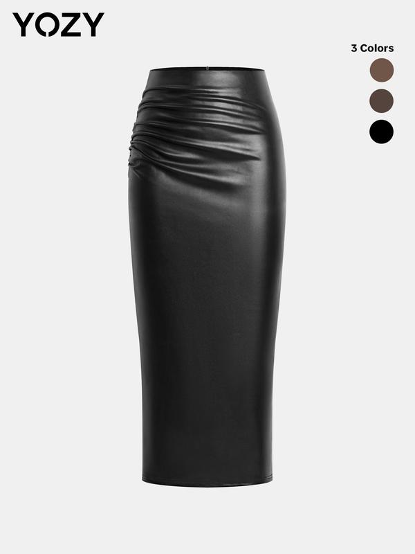 YOZY Christmas Deals, Ruched Split Hem PU Leather Skirt   Solid Fashionable High Waist Zipper Back Skirt， 2024 Women's Fall & Winter, Thanksgiving Clothes, Christmas 2024 Trend, Fall & Winter Clothes