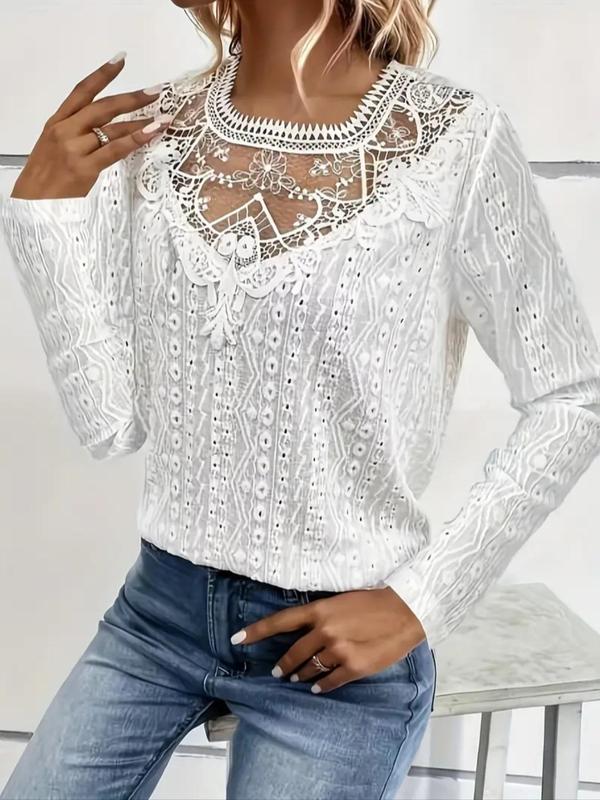 Women's Plain Eyelet Embroidery Sheer Lace Tee, T Shirts for Women, Casual Long Sleeve Keyhole Neckline Top for Spring & Fall, Women's Clothing for Daily Wear, Downtown Girl Clothes