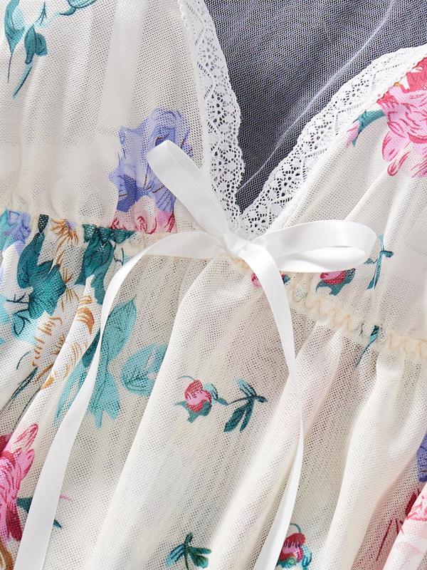 Women's Floral Print Lace Trim Bow Front Cami Nightdress & Sheer Thong Set, Casual Sweetheart Neck Ruffle Hem Nightgown & Panty, Summer Mesh Sleepwear