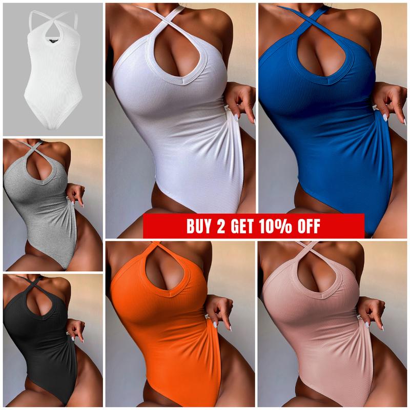 Chicme Plain Knit Sleeveless Halter Bodysuit Fit Womenswear Ribbed Seamless