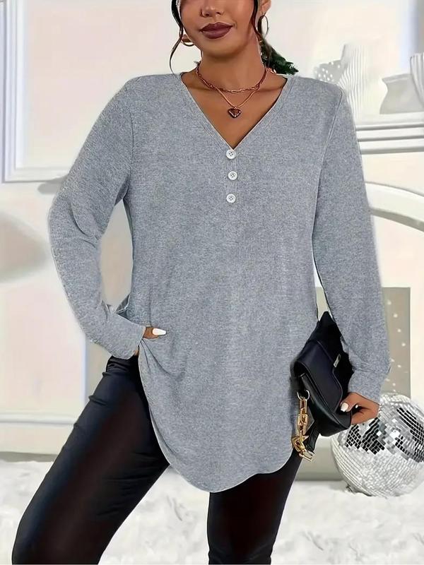  Solid Button Front V Neck Tee, Casual Long Sleeve T-Shirt for Spring & Fall, Women's Clothing for Daily Wear