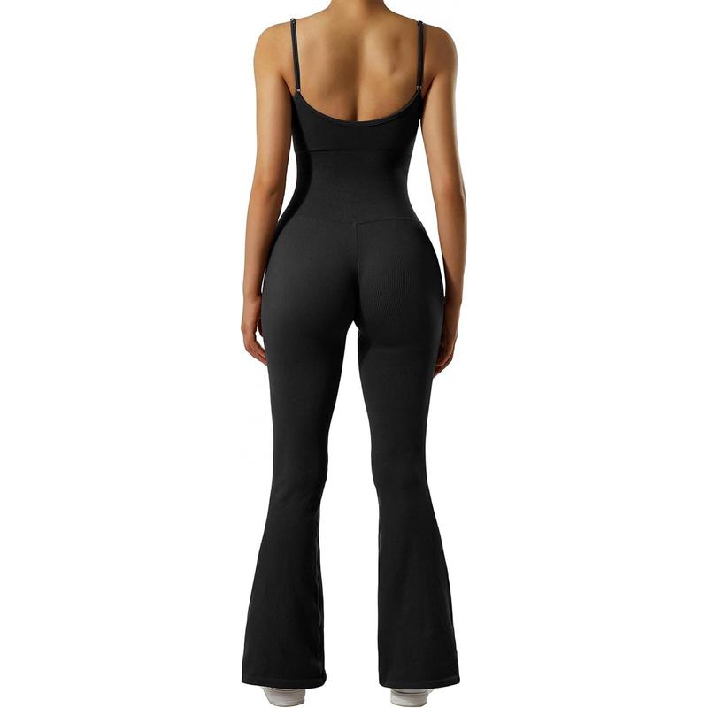 Women Ribbed Flare One Piece Jumpsuits Seamless Padded Sexy Jumpsuit