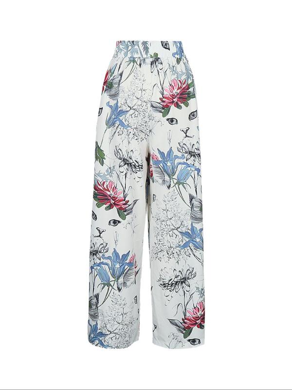  Back To School All Over Print Elastic High Waist Wide Leg Pants, Baggy Pants for Women, Going Out Bottoms, Casual Palazzo Pants for Daily Wear Holiday, Casual Summer Bottoms, Work Pants Women, Women's Trousers