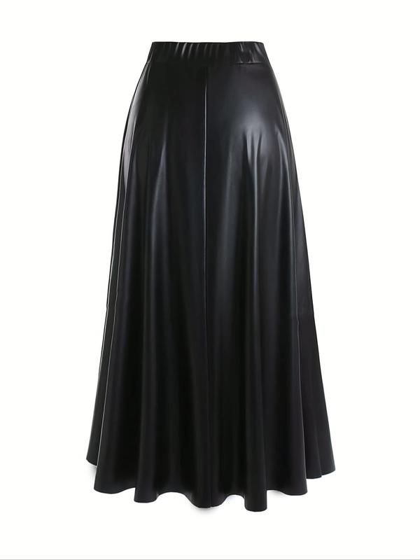 Women's Solid Plicated PU Leather Skirt, Fashion Casual Flared Skirt for Daily Outdoor Wear, Women's Bottoms for Spring & Fall