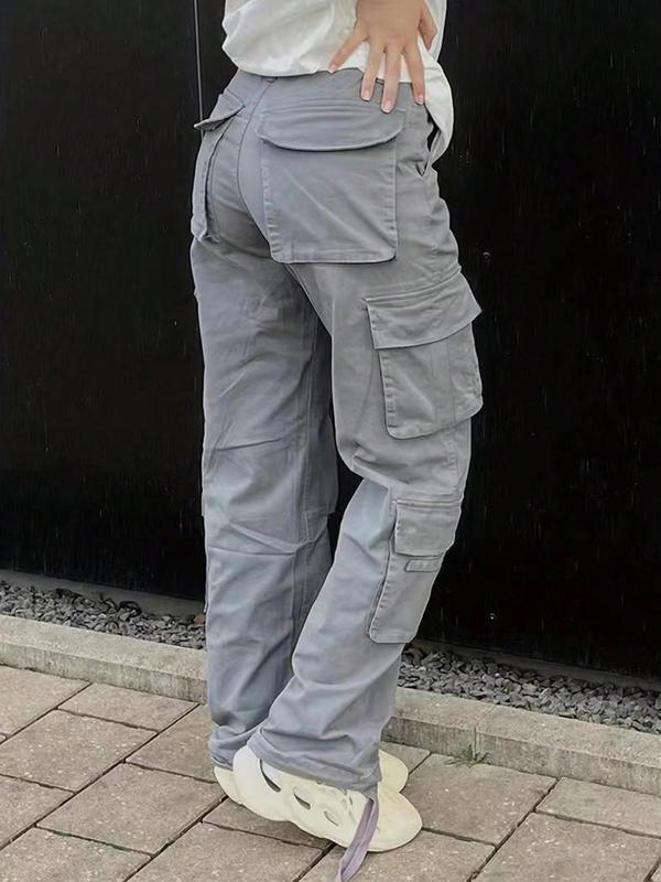 Women's Plain Flap Pocket Cargo Pants, Fall Clothes, Streetwear Casual Wide Leg Trousers for Fall Daily Wear, Ladies Bottoms Clothes for Fall