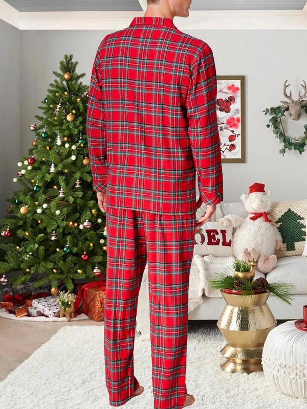 Two-Piece Set Couple's Plaid Print Button Front Pajama Set, Casual Comfy Lapel Long Sleeve Top & Elastic Waist Pants PJ Set, Couple Sleepwear for All Seasons
