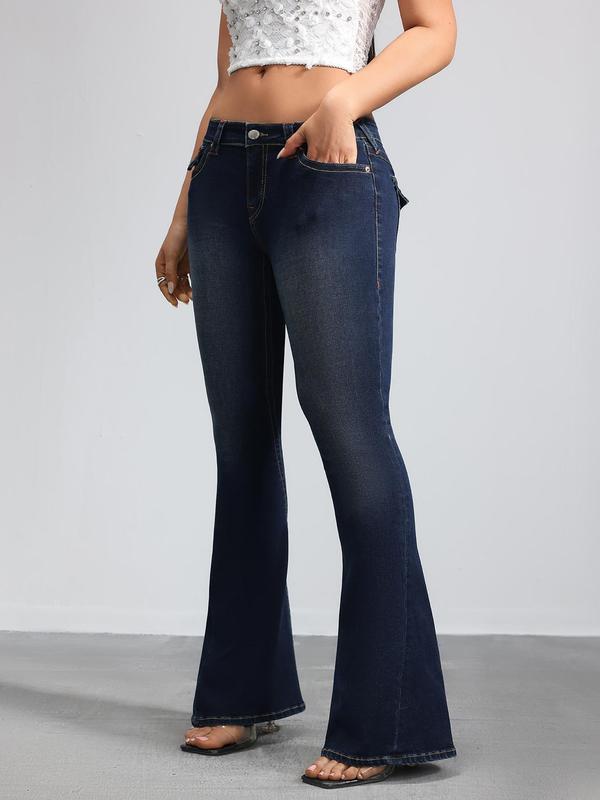 Women's Plain Print Button Fly Flare Leg Jeans, Casual Comfy Denim Jeans for Daily Wear, Flare Jeans, Ladies Bottoms for Fall & Winter