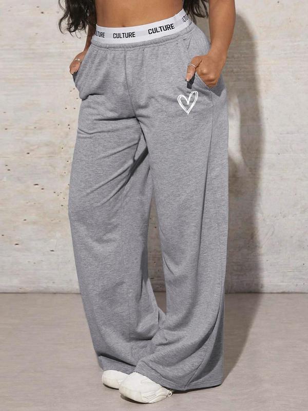 Women's Heart Print Pocket Wide Leg Sweatpants, Casual Comfy High Waist Letter Tape Trousers for Daily Wear, Ladies Bottoms for All Seasons