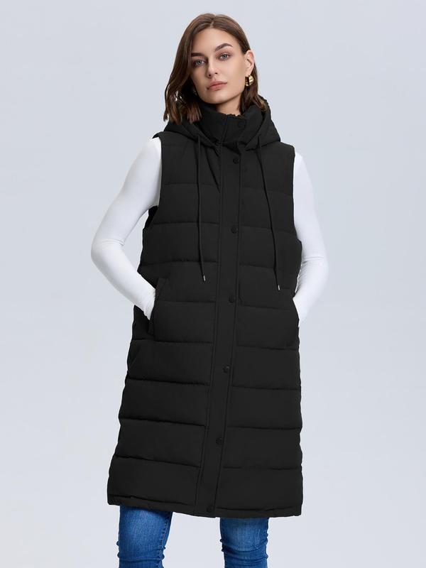 Women's Solid Button Front Drawstring Hooded Sports Vest Coat, Casual Sporty Pocket Zipper Outerwear for Fall & Winter, Women's Clothing for Daily Wear