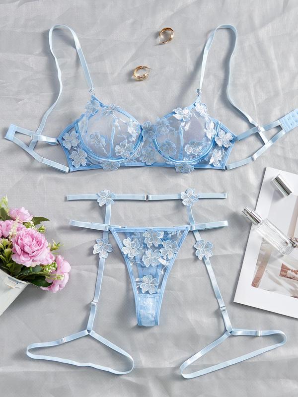 Women's 3 Counts Plain Floral Embroidery Contrast Mesh Sheer Sexy Lingerie Set, Sexy Adjustable Strap Cut Out Backless Underwire Bra & Thong & Garter Belt Set, Sexy Underwear Set for Women Women'S Clothing