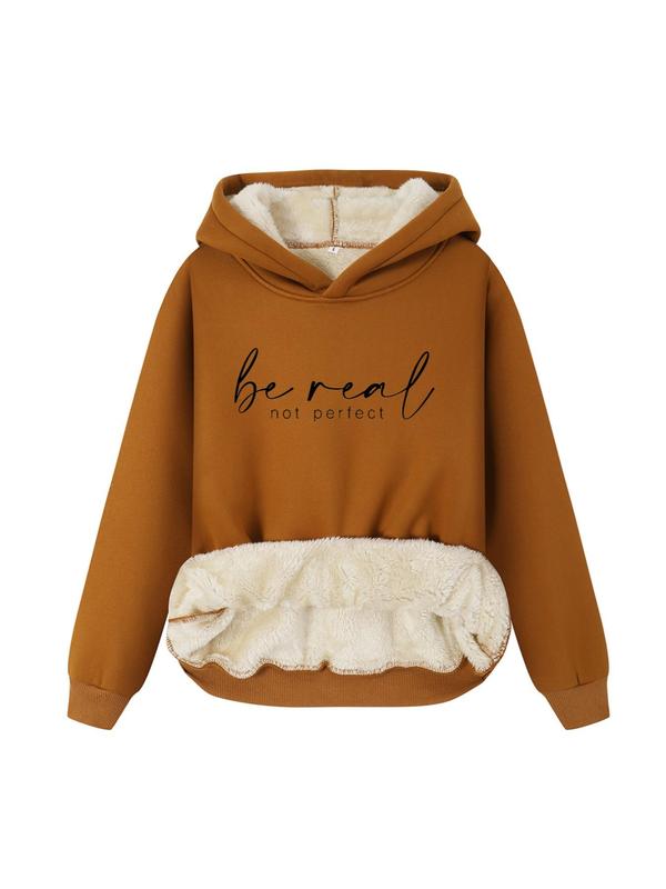 Women's Letter Print Drop Shoulder Thermal Lined Hoodie, Essential Hoodies, Fashion Casual Long Sleeve Hooded Sweatshirt for Daily Outdoor Wear, Women Fall & Winter Clothes, Downtown Girl Clothes Essentials Hoodie