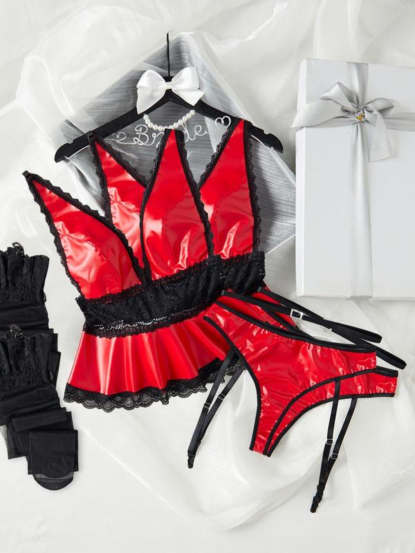 Women's Contrast Lace Sheer Sexy Lingerie Set, Patchwork Colorblock Top & Belt & Thong & Stockings Set, Women's Lingerie & Underwear for All Seasons