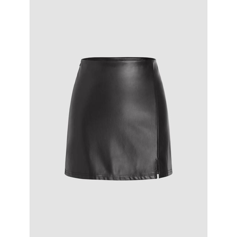 Cider [3 colors, size 2-10] Faux Leather Solid Split Mini Skirt
