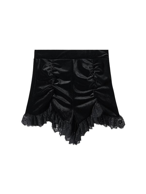 Women's Contrast Lace Ruched Velvet Shorts without Waist Belt, Goth Asymmetrical Hem High Waist Skinny Shorts for Party Holiday Vacation, Girly Clothing, Ladies Bottoms for All Seasons, Shorts for Women