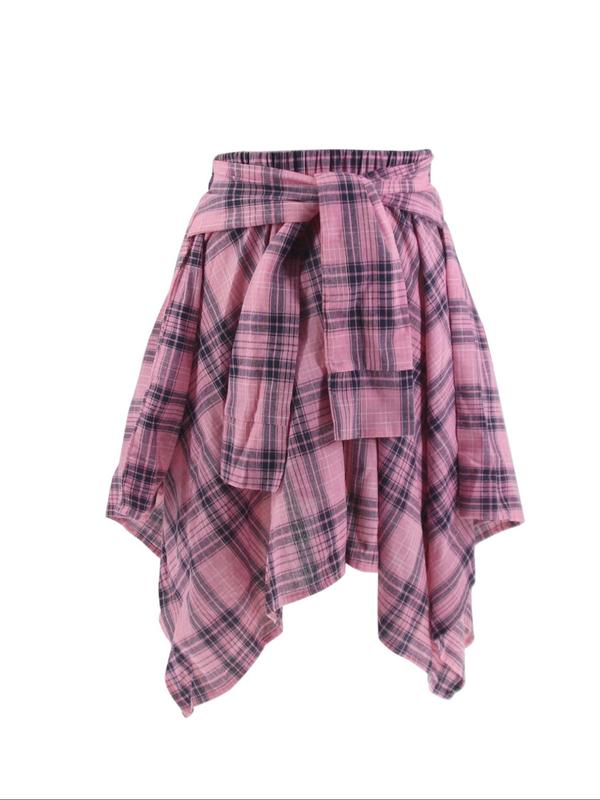 Women's Plaid Print Tie Front Asymmetrical Hem Skirt, Casual Fashion Short Skirt for Daily Outdoor Wear, Women's Bottoms for Fall