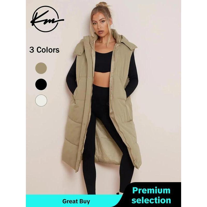 Womenswear Solid Button Front Hooded Winter Vest Coat, Comfort Pocket Design Longline Waistcoat for Fall & Winter, Minimalist Clothing for Daily Wear, Going Out Outfits