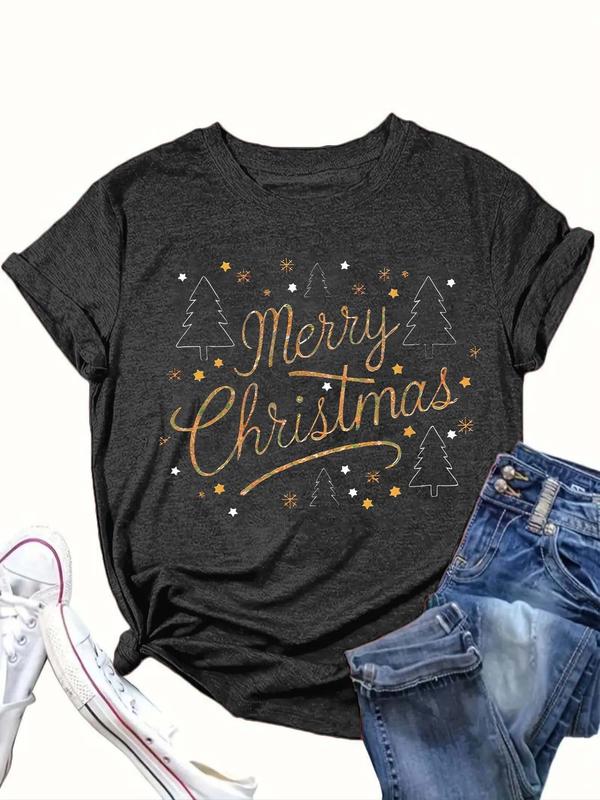  Merry Christmas Letter Print Round Neck Tee, Casual Short Sleeve Crew Neck T-Shirt for Summer, Women's Clothing for Daily Wear