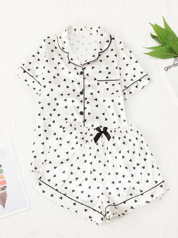 2 Counts Women's Heart Print Bow Front Pyjama Set, Casual Button Shirt & Elastic Waist Pants Soft Satin Pj Set, Summer Clothes Women, Plz Purchase A Size Up