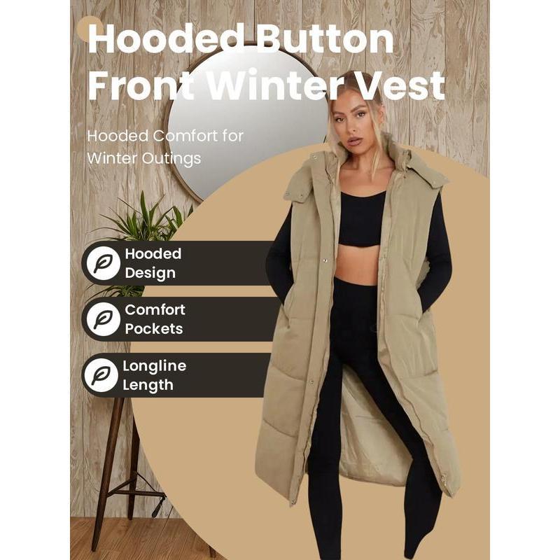 Womenswear Solid Button Front Hooded Winter Vest Coat, Comfort Pocket Design Longline Waistcoat for Fall & Winter, Minimalist Clothing for Daily Wear, Going Out Outfits