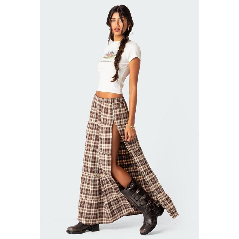 Plaid Side Slit Tiered Maxi Skirt