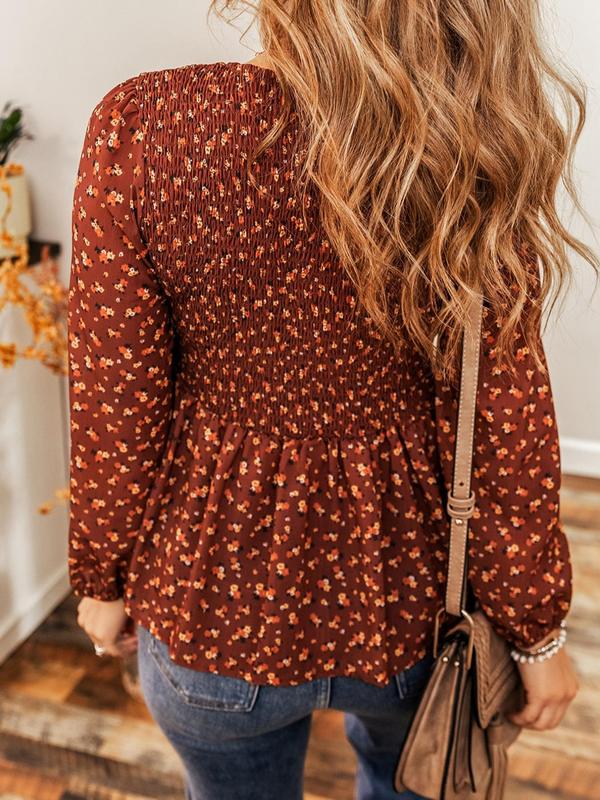 Women's Ditsy Floral Print Peplum Shirred Blouse, Peplum Top, Going Out Tops, Casual Bishop Sleeve Round Neck Top for Daily Wear, Ladies Clothes for Fall, Stockholm Outfit Style