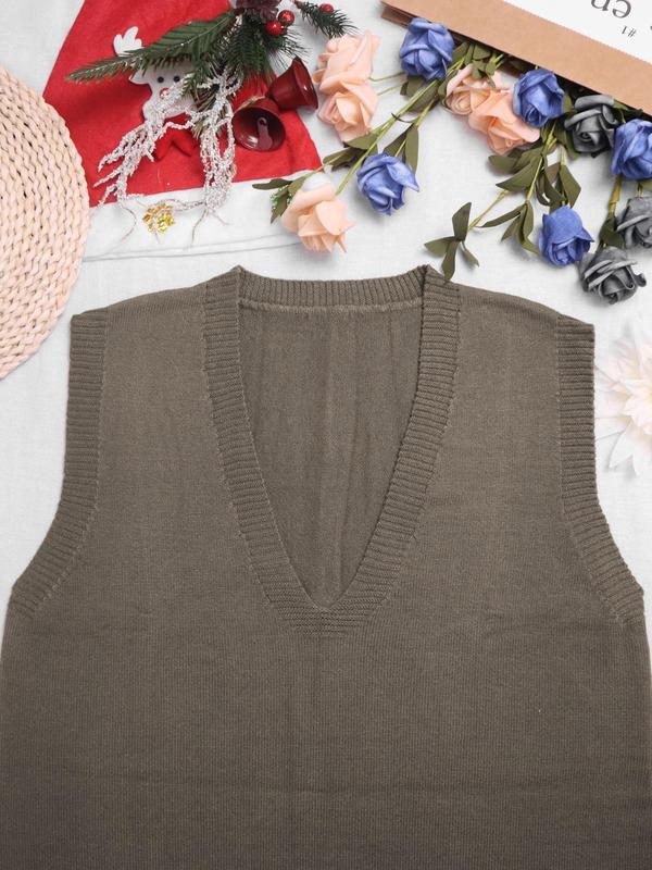 Women's Plain Split Hem V Neck Sweater Vest, Casual Solid Color Sleeveless Knitwear Top for Spring & Fall, Fashion Women's Knit Clothing for Daily Wear
