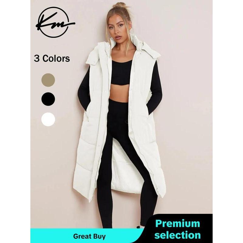 Womenswear Solid Button Front Hooded Winter Vest Coat, Comfort Pocket Design Longline Waistcoat for Fall & Winter, Minimalist Clothing for Daily Wear, Going Out Outfits