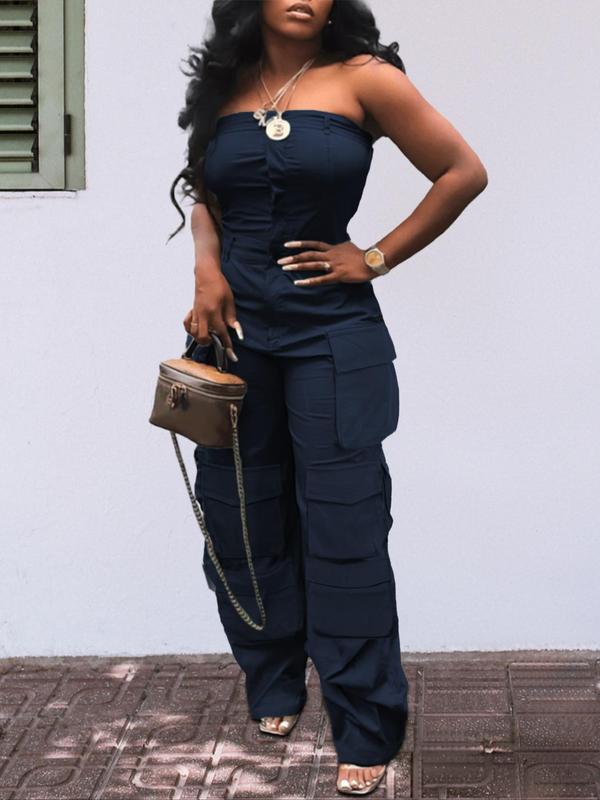 Women's Flap Pocket Button Front Tube Jumpsuit, Street Zipper Sleeveless Strapless Cargo Jumpsuit, Back To School Outfits, Ladies Clothes for All Seasons