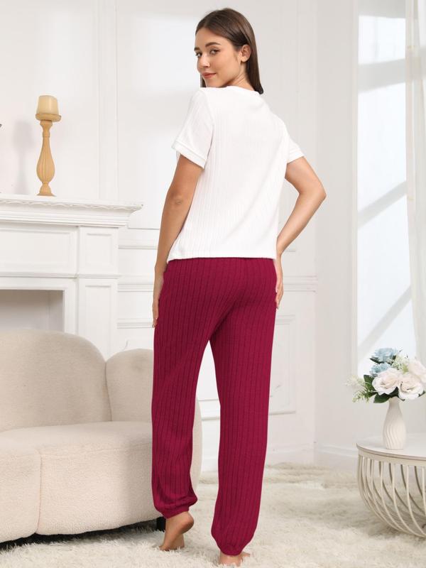 Two-Piece Set Women's Heart Print Tee & Pants Pyjama, Casual Comfy Round Neck Short Sleeve T-shirt & Trousers PJ Set, Ladies Sleepwear for All Seasons