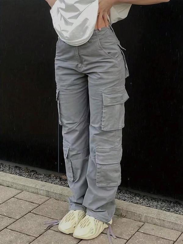 Women's Plain Flap Pocket Cargo Pants, Fall Clothes, Streetwear Casual Wide Leg Trousers for Fall Daily Wear, Ladies Bottoms Clothes for Fall
