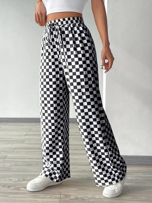 Women's All Over Checkerboard Print Drawstring Waist Straight Leg Pants, Casual Comfy High Waist Trousers for Daily Wear, Ladies Bottoms for All Seasons