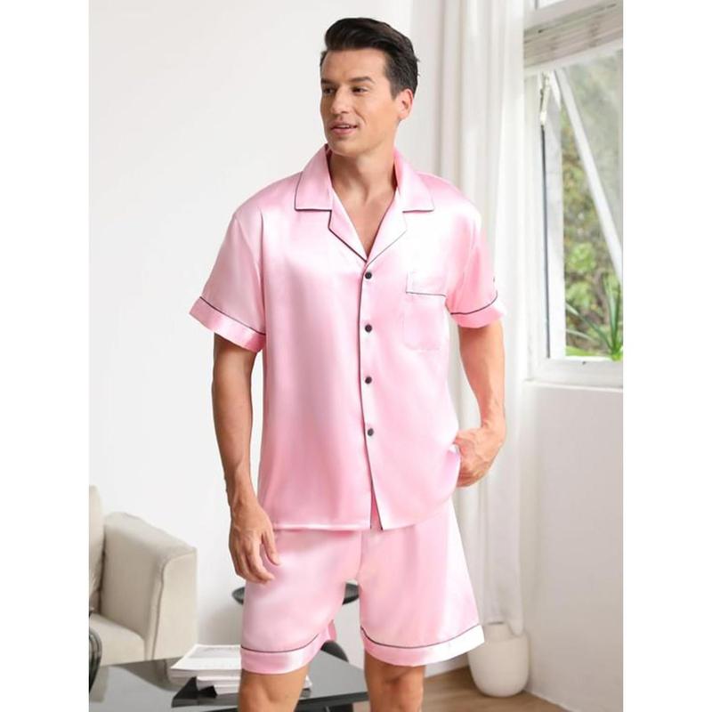 Matching Family Silk Pajamas Set Button Down Loungewear 2count Top and Shorts Pjs for Couples with Pocket