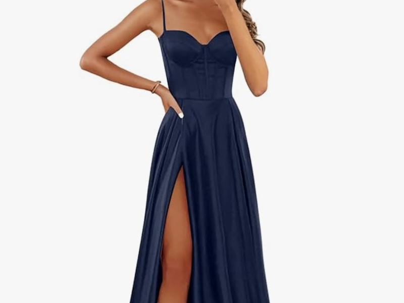 Women's Satin Prom Dress with Slit and Spaghetti Straps - A-Line Formal Evening Gown - Womenswear, Underwear, Christmas