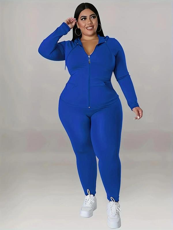 Plus Size Basic Solid Zip Up Hooded Top & Skinny Pants Set, Longsleeves Hooded Outerwear & Trousers for Women, Outfits for Spring & Fall, Minimalist Matching Sets for Lady