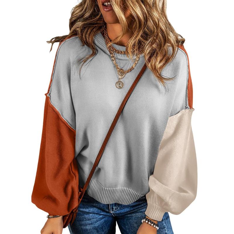 Dokotoo Women's Sweaters Colorblock Crewneck Cotton Long Sleeve Fall Winter Knit Pullover Jumper Tops