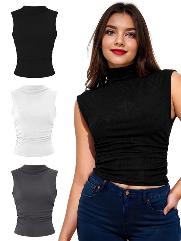 Womenswear Solid Color Mock Neck Ruched Tank Top, Comfort Basic Sleeveless Top for Daily Outdoor Wear, Minimalist Back To School Top, Summer Outfits, Y2k Clothes,  Downtown Girl Clothes