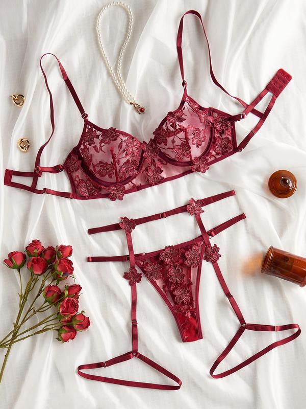 Women's 3 Counts Plain Floral Embroidery Contrast Mesh Sheer Sexy Lingerie Set, Sexy Adjustable Strap Cut Out Backless Underwire Bra & Thong & Garter Belt Set, Sexy Underwear Set for Women Women'S Clothing