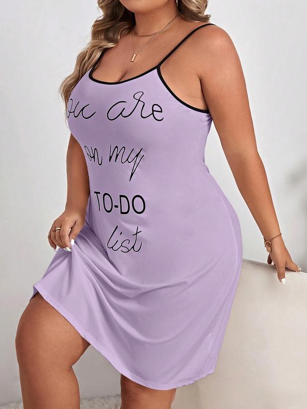Plus Slogan Graphic Contrast Binding Cami Pajama Nightdress lady loungewear
