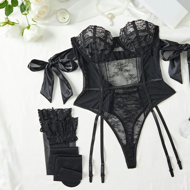Women's Sheer Cut Out Floral Lace Sexy Lingerie Set, Knot Design Bodysuit & Ruffle Trim Stockings Set, Red Lingerie Set for Women