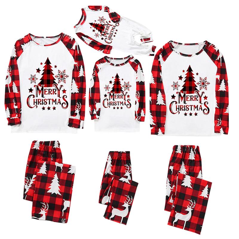 Matching Christmas Pajamas For Family, Long Sleeve Round Neck Tree Print Tops+ Trousers Suit  Infants Romper Clothing Womenswear