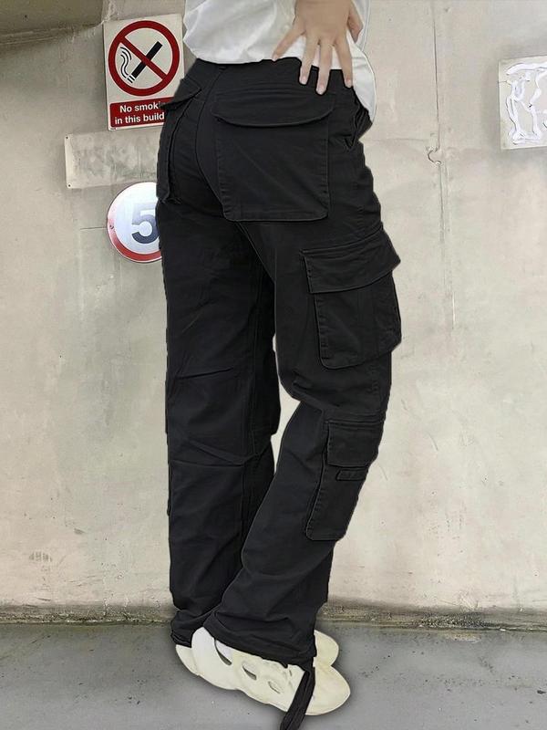 Women's Plain Flap Pocket Cargo Pants, Fall Clothes, Streetwear Casual Wide Leg Trousers for Fall Daily Wear, Ladies Bottoms Clothes for Fall