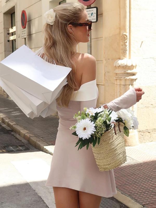 Women's Colorblock Off Shoulder A Line  Dress, Elegant Fashion Long Sleeve Short Dress for Party Club Holiday, Women Dress for Spring Fall