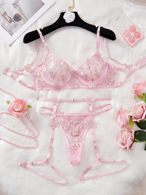 Women's 3 Counts Plain Floral Embroidery Contrast Mesh Sheer Sexy Lingerie Set, Sexy Adjustable Strap Cut Out Backless Underwire Bra & Thong & Garter Belt Set, Sexy Underwear Set for Women Women'S Clothing